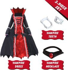 Nikcorp kostum vampirke Vampirkin Krejčovský čarovniški komplet 4-6 let pleteni poliester okrasni steznik potisk maroon utrjen ovratnik čoker