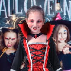 Nikcorp kostum vampirke Vampirkin Krejčovský čarovniški komplet 4-6 let pleteni poliester okrasni steznik potisk maroon utrjen ovratnik čoker
