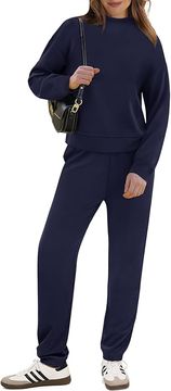 Nikcorp Ženski premium trenirka komplet s kapuco golf, modra mornarsko plava, oversize stil, bluza + jogger hlače, elastičan pojas, 2 bočna džepa, 50% pamuk 50% poliester, XL