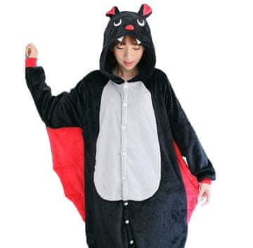 Nikcorp Pižama Onesie Kigurumi netopýr, SuperSoft mikrovlakna, črn overal S, oversize, kapuca z ušesi in krili, z gumbi ter zadrgo, žepi, kostum za noč čarovnic in pižama-party
