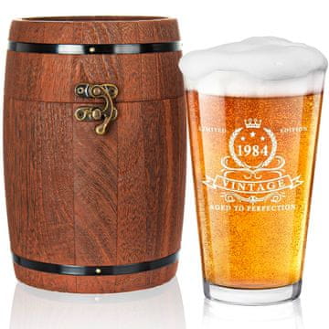 Nikcorp Pint za pivo Rojstni dan 1984 Limited Edition Vintage Aged to Perfection, 480 ml, brezsvinčeno steklo, lesena škatla sodček, darilo za 40. rojstni dan, ročno pranje priporočeno