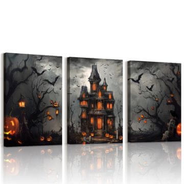 Nikcorp Komplet 3 slik na platnu Halloween buče grad in netopirji, oranžna barva 40 x 60 cm, tisk na platno, pripravljeno za obešanje