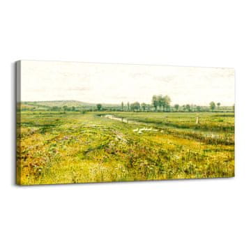 Nikcorp Slika na platnu slika na platnu vintage pokrajina Meadows by the Stream zelena 50 x 100 cm HD Micro Spray tehnologija, pripravljena za obešanje na lesenem razteznem okviru črn kavelj