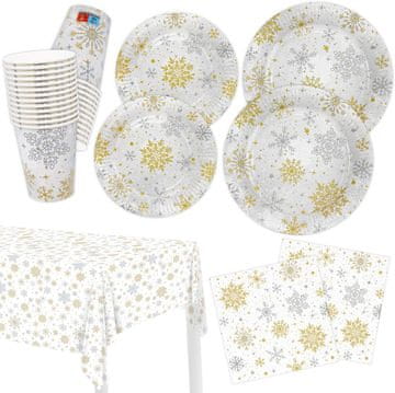 Nikcorp Komplet božične namizne posode HNH Christmas Tableware 100 kosov za 25 oseb: papirnati krožniki 18 cm in 23 cm, skodelice ~25 ml, serviete 33 x 33 cm škotski zlato-beli karirast vzorec snežinke