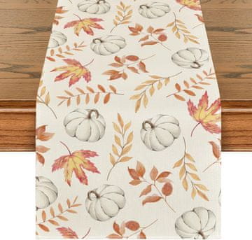 Nikcorp Jesenski prt za mizo iz poliesterja (spun polyester) motiv buč in listov oranžne barve 40 x 180 cm, pralni v pralnem stroju, zaščita jedilne mize
