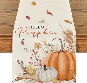 Nikcorp Namizni prt prt Buče Rože Listi, jesenska dekoracija za mizo 40 x 240 cm, oranžen potisk, 100% poliester spun, za 6–8 oseb, zaščita površine pred madeži