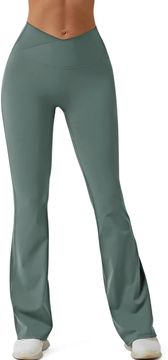 Nikcorp Ženske športne pajkice REORIA model za jogo s širokimi hlačnicami, visok pas cross waistband, sivo-zelena, 80% poliester 20% spandex, velikost M, udobne za fitnes in vsakdan