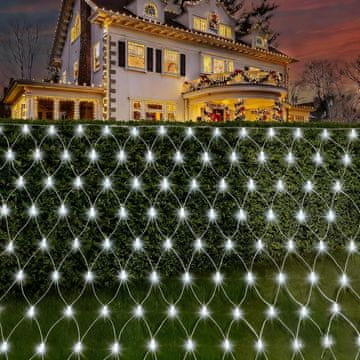 Nikcorp LED svetlobna zavesa mreža za vrt in dom IP44 toplo bela 96 LED 8 načinov povezava do 4 kompletov 150 x 150 cm, bela