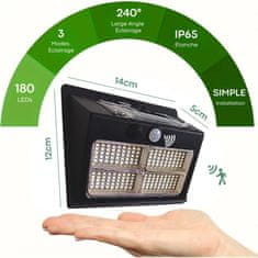 Nikcorp Zunanja solarna svetilka Zunanja solarna svetilka 180 LED 2000 lm senzor gibanja IP65 6000 K hladna bela 3 načini komplet 2 kos