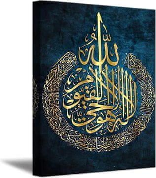 Nikcorp Dekorativna stenska slika Ayatul Kursi islamska kaligrafija v okvirju platno canvas 40 x 60 cm modra vodoodporen UV tisk 1 kos za dnevno sobo spalnico pisarno