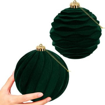 Nikcorp Božične kroglice komplet 2 kosa flokirani žametni premaz temno zelene, premer 15 cm, kovinska sponka z obešalnikom, trpežne dekoracije za jelko, okna, vrata in kamin