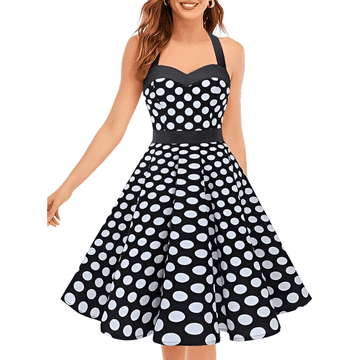 Nikcorp Ženska koktajlová obleka midi retro 50. let Vintage polka dot XXL, črna z belimi pikami, kroj Fit and Flare A linija, zračen bombaž 98% + elastan 2%, nevidna zadrga, zadrga ob strani, do kolen