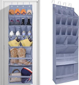 Nikcorp Viseči organizator za čevlje brez uporabe orodja Oxford 16 žepov sivi 42x16,5x145 cm nagnjeni žepi za vrata 3,4–4 cm nosilnost do 20 kg kuhinja igrače toaletne potrebščine