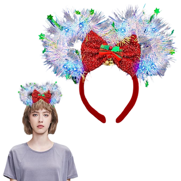 Nikcorp Trak za lase Luminous Headband bleščeče zvezdice z mašljo elastični srebrn okras za zabave, karneval, božič, foto seje, odrasli in otroci