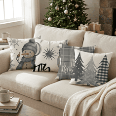 Nikcorp Dekorativne božične prevleke za blazine Sunshine Smile komplet 4 kosi, 50x50 cm, skrita zadrga, lan in bombaž, motiv Božiček snežinke napis Merry Christmas