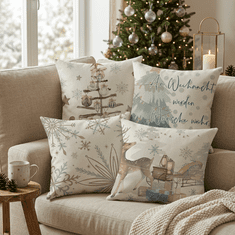 Nikcorp Komplet 4 prevlek za blazine Sunshine Smile praznični motivi Dedek Mraz severni jelen snežinke Merry Christmas 40 x 40 cm skrita zadrga globoko rdeča bombažno-lanena tkanina