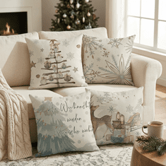 Nikcorp Komplet 4 prevlek za blazine Sunshine Smile praznični motivi Dedek Mraz severni jelen snežinke Merry Christmas 40 x 40 cm skrita zadrga globoko rdeča bombažno-lanena tkanina