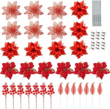 Nikcorp Umetne božične dekoracije komplet 68 kosov poinsettie rože in bleščeči listi PVC za božično drevo venček kamin, rdeče