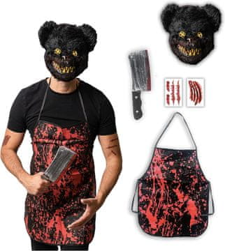 Nikcorp Horror Bear kostum Halloweenmania preobleka za moške in mladino One Size 5-dielni komplet: maska, sekač/rezila rekvizit, krvav predpasnik, 2 lista tetovaž