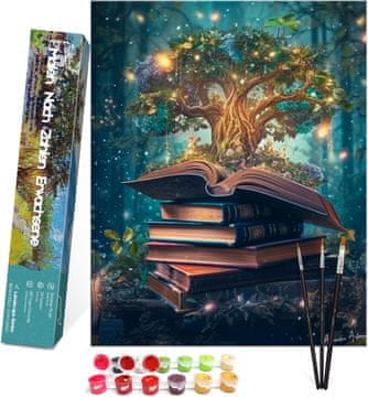Nikcorp Malovanje po številkah DIY Bougimal Magic Tree komplet 40 x 50 cm platno iz bombaža in lana brez okvirja leseni ročaji 3 čopiči ekološke akrilne barve
