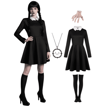 Nikcorp Ženski karnevalni kostým Wednesday Addams komplet, črna retro obleka XS, poliester, bel ovratnik in manšete, rekvizit Rączka, podkolenke, Halloween cosplay
