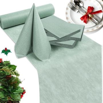 Nikcorp Tekstilni namizni prt VCANIVR komplet eukaliptus zelena 25 m x 30 cm polprosojen vodoodporen netkani non-woven + 30 papirnatih serviet 3-slojne