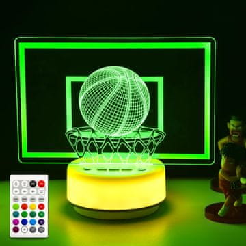 Nikcorp LED 3D nočna lučka za košarko z daljinskim upravljalnikom večbarvna akrilna plošča 8 RGB diod 17 toplih belih PC podstavek USB Type-C ali 3×AA časovnik, nastavitve svetlosti, 4 načini utripanja