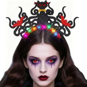 Nikcorp LED čelenka na glavu Halloween netopýr, večbarvne diode, 3 načini utripanja in stalna svetloba, flitroviti zaključki, črna, univerzalna