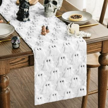 Nikcorp Dekorativni tekač za mizo Halloween duhovi bela mehki velur pliš 33 x 183 cm pravokoten za večerjo 4-6 oseb