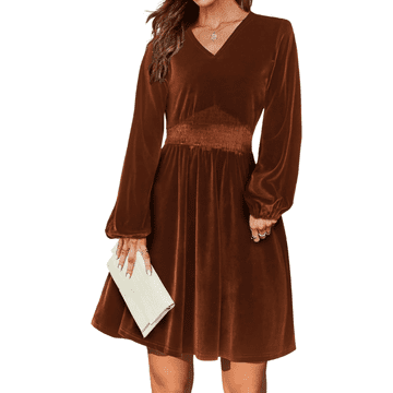 Nikcorp ženska mini obleka A-line žametna rjava A-kroj V-neck lantern rokavi elastičen naguban pas 95% poliester 5% spandex XS večerna elegantna modna