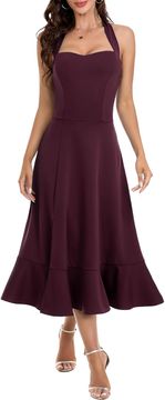 Nikcorp Koktejlové šaty bordové Elegantní model s halter výstřihem, A-linie fit and flare a vrstvenými volánky s rozparkem, tea length, 2XL