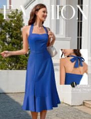 Nikcorp koktajlna obleka halter sweetheart A-kroj fit and flare s plastnimi volančki razporek tea length modra velikost M
