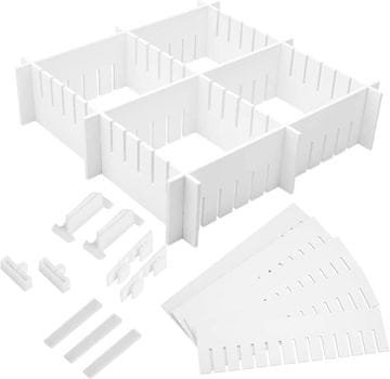 Nikcorp Organizér do zásuviek nastaviteľné priehradky 34 kusov plast biele 47x5 cm priečne panely bez náradia pre kuchyňu kanceláriu kúpeľňu šatník