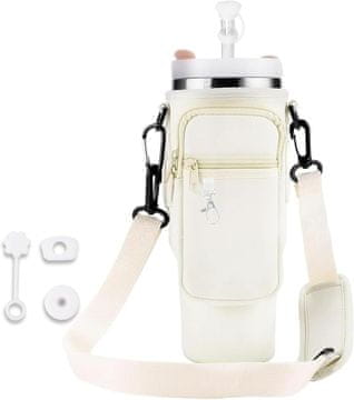 Nikcorp Potovalna torba prevleka za termo skodelico Stanley 40 oz 40 unč bež, debeli neopren vodoodporna zaščita, nastavljiv trak čez ramo odstranljiv, žep za telefon zadrgo za ključe kartice denar