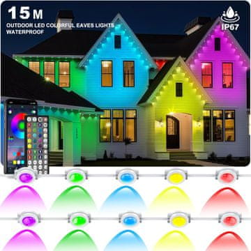 Nikcorp Zunanje LED osvetlitev RGB 15 m pametna, vodoodporna IP67, upravljanje z aplikacijo Lotus Lantern, zvočna sinhronizacija, montaža lepljenje ali vijaki, dvostranski samolepilni trak in nosilci