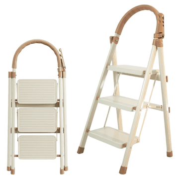 Nikcorp 3-stopenjska zložljiva lestev za stopnice ogljikovo jeklo do 150 kg držiak za orodje, 3 široke stopnice, bež barva 102 x 44,5 x 59 cm, 3,6 kg, zložena 5 cm
