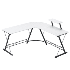 Nikcorp Kotna računalniško pisalna miza L-oblika MDF bela kovinski okvir oporniki stabilizacija 129 x 46 x 74 cm + 129 x 46 x 74 cm, obremenitev 150 kg za pisarno igralnico šolo