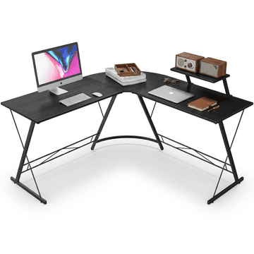 Nikcorp Kotna pisalna miza L-oblike z uličnim policom gaming šolsko pisarna črna MDF kovinski prašno barvan okvir 129 x 46 x 74 cm + 129 x 46 x 74 cm stabilizacijski nosilci 150 kg