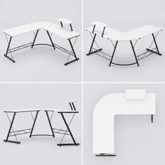 Nikcorp Kotna računalniško pisalna miza L-oblika MDF bela kovinski okvir oporniki stabilizacija 129 x 46 x 74 cm + 129 x 46 x 74 cm, obremenitev 150 kg za pisarno igralnico šolo