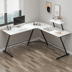 Nikcorp Kotna računalniško pisalna miza L-oblika MDF bela kovinski okvir oporniki stabilizacija 129 x 46 x 74 cm + 129 x 46 x 74 cm, obremenitev 150 kg za pisarno igralnico šolo