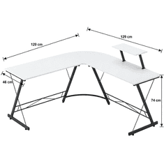 Nikcorp Kotna računalniško pisalna miza L-oblika MDF bela kovinski okvir oporniki stabilizacija 129 x 46 x 74 cm + 129 x 46 x 74 cm, obremenitev 150 kg za pisarno igralnico šolo