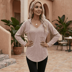 Nikcorp Ženska mikina s kapuco Joligiao waflový V-izrez casual športna eleganca rožnata XL, mešanica 93% poliester 7% spandex, vezalke, 2 kvadratna žepka
