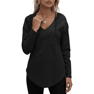 Nikcorp Ženska bluza Joligiao model hoodie z kapuco vafljasta tkanina V-izrez, z vezalkami, 2 kvadratna sprednja žepa, črna, velikost M, poliester spandex, casual športna eleganca, strojno pranje
