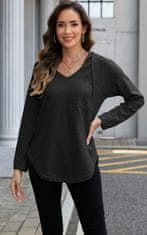 Nikcorp Ženska bluza Joligiao model hoodie z kapuco vafljasta tkanina V-izrez, z vezalkami, 2 kvadratna sprednja žepa, črna, velikost M, poliester spandex, casual športna eleganca, strojno pranje