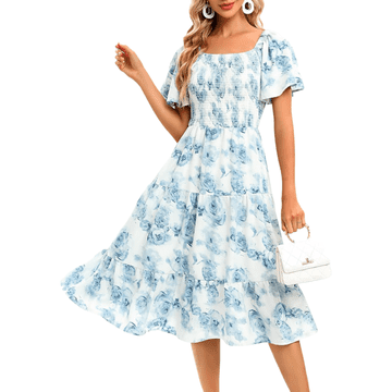 Nikcorp Midi koktajlna obleka Bbonlinedress boho cvetlična bela, napihnjeni kratki rokavi, nagubano oprsje, A-line, zračen 100% poliester, velikost M