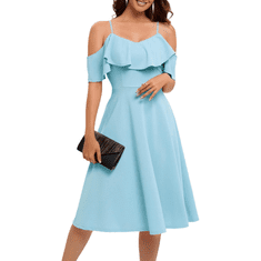 Nikcorp koktajlna midi obleka XXL modra off-shoulder A-line nastavljive naramnice volančki skrita zadrga na hrbtu 94% najlon 6% elastan