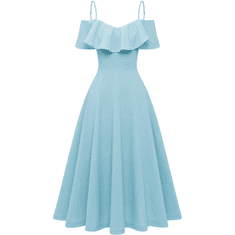 Nikcorp koktajlna midi obleka XXL modra off-shoulder A-line nastavljive naramnice volančki skrita zadrga na hrbtu 94% najlon 6% elastan