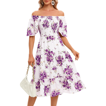 Nikcorp Midi koktajlna obleka Bbonlinedress XL bela boho cvetlični vzorec A-line 100% poliester kvadratni izrez nabrani prsni del napihnjeni kratki rokavi brez zadrge