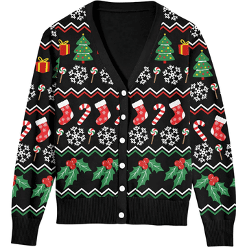 Nikcorp Ženski božični kardigan pulover z gumbi, raztegljiv akrilni pleten pulover, V-izrez (V-neck), dolg rokav z elastiko, šaljiv ugly sweater črn z barvnimi vzorci, XL