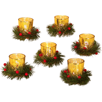 Nikcorp Komplet božičnih svečnikov steklenih rdeči lanterni z umetnimi venčki in rdečimi jagodami 6 kos 4,5x6,7 cm debelo steklo, za tea light votivne brezplamenske sveče